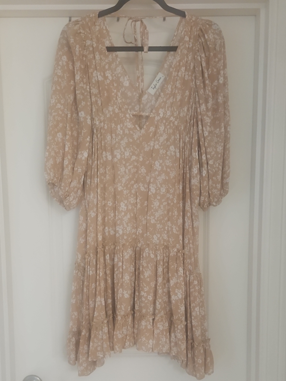 Beige Floral Midi Dress with V-Neck and Ruffle Hem